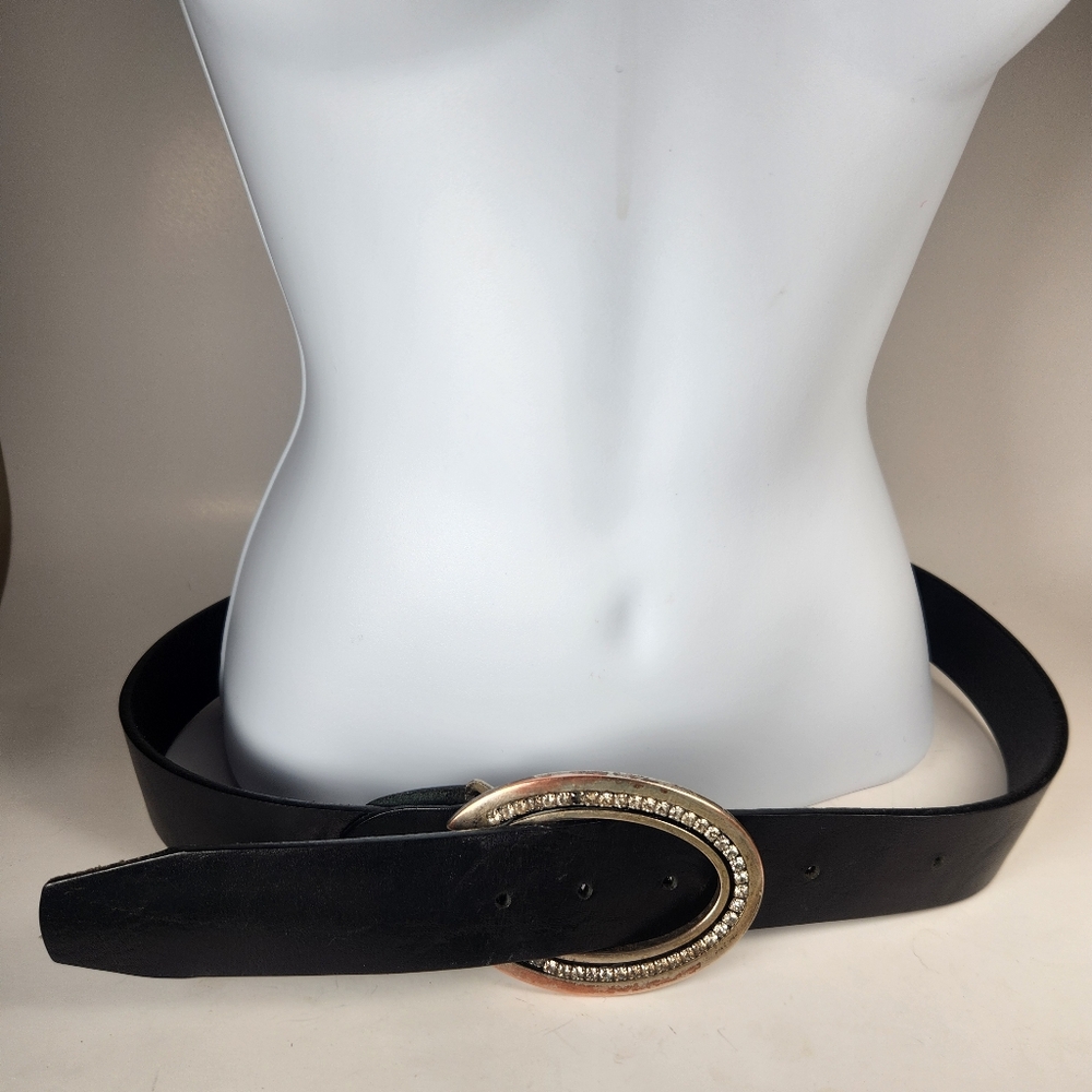 FIRENZE Belt Size 32 Black Leather Made Italy Horseshoe Buckle Rhinestones